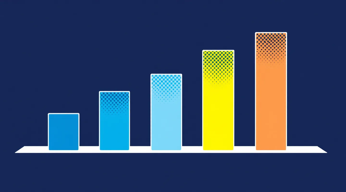 Bold poster bar-chart showing six ascending dose bars from electric blue to neon yellow with halftone overlay on deep navy