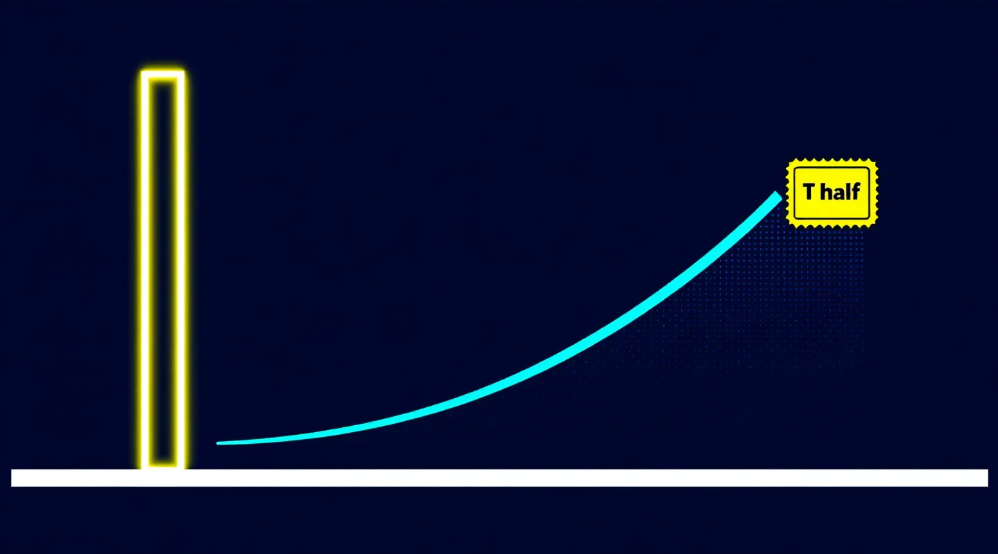 Bold poster pharmacokinetics illustration with a yellow peak spike and stepped sky-blue decay curve on deep navy
