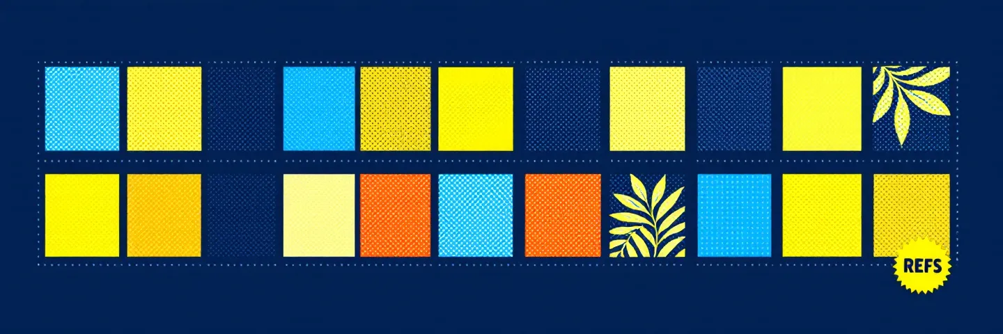 Bold poster banner of 18 tilted reference tiles in electric blue and neon yellow with halftone overlay on deep navy