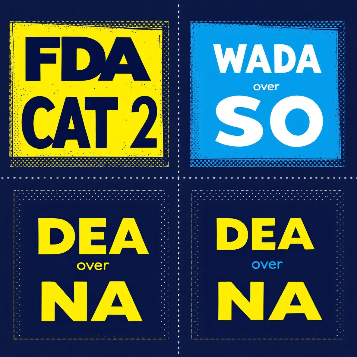 Bold 2x2 poster grid of four regulatory stamp panels showing FDA Category 2, WADA S0, DEA N/A, and EMA N/A on deep navy